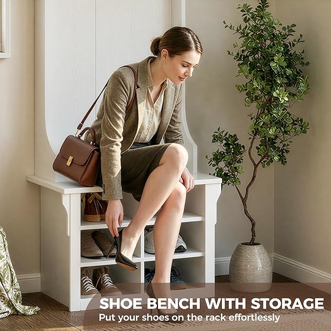 IRONCK Hall Tree with Bench and Shoe Storage, 6-in-1 Entryway Bench with Coat Rack, Adjustable Shelf, Hanging Hooks, 6 Shoe Cubbies, 2-Tier Top Storage, for Entryway, Bedroom, Living Room, White