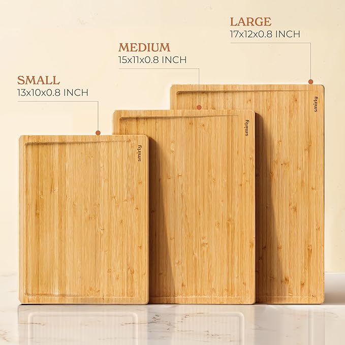 SMIRLY Bamboo Cutting Boards for Kitchen - Wood Cutting Board for Meal Prep, Serving, Charcuterie - Kitchen Gadgets, House Warming Gifts - Wooden Chopping Board Set of 3 - Natural Bamboo