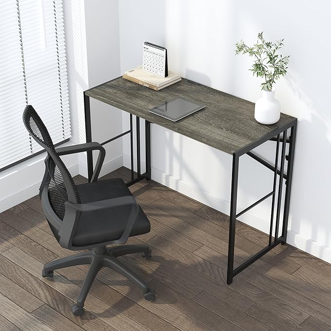 Lutown-Teen 35 inch Narrow Folding Desk, Writing Gaming Computer Camping Desk for Small Spaces, No Assembly Required Home Office Table, Black Oak