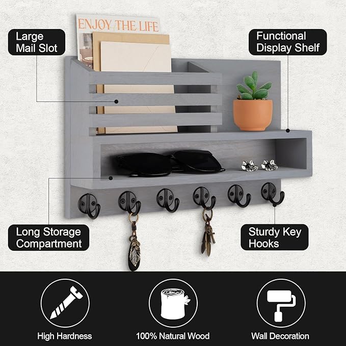 Key and Mail Holder Wall Mount, Key Hanger with Long Storage Box and Key Hooks for Coat, Dog Leash, Home Decor Rack, House Accessories, Entry Way Organizer