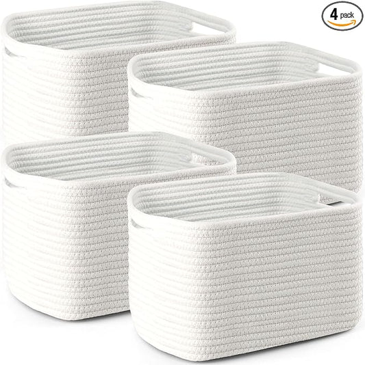 4 Pack Storage Baskets for Organizing, 12''Lx9''Wx8''H Woven Baskets for Storage Toys, Towels, Books, and Clothes, Cotton Rope Basket for Shelves with Handle White & Brown