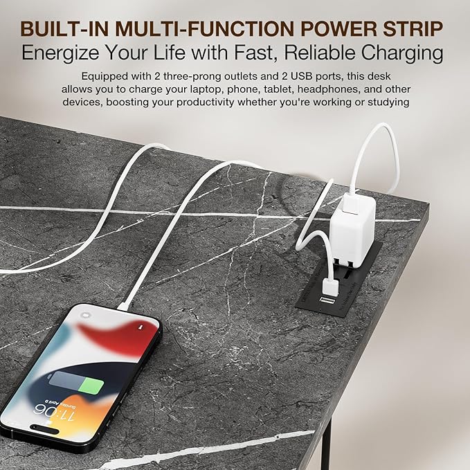 TEMI Small Computer Desk Folding Table - No Assembly, Compact 35.8" Foldable Desk with Power Outlets & USB Charging Port, Portable Small Office Desk, Ideal Mini Study Table, Marble Greige