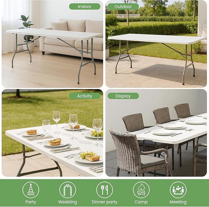 Folding Table 6FT Portable Heavy Duty Plastic Table with Carrying Handle Fold-in-Half Utility Foldable Tables for Parties Wedding Events Dining Indoor Outdoor Picnic (White)