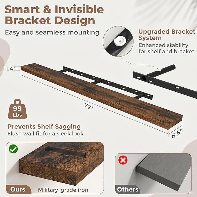 Venusmiles Floating Shelves for Wall, 72 Inch Floating Shelves Set of 1, 6.5" D Wooden Wall Mounted Display Shelves with Invisible Brackets for Living Room, Bedroom, Bathroom, Kitchen Decor, Brown