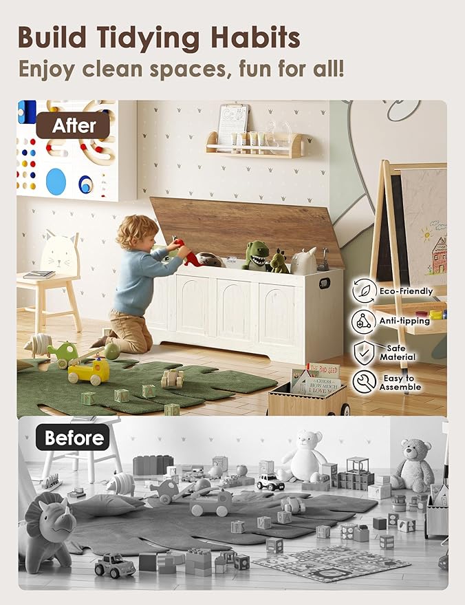 DINZI LVJ Storage Chest, 47.2”Wooden Storage Bench with 2 Safety Hinges, Farmhouse Toy Box with Flip-Top, Large Trunk for Living Room, Bedroom, Easy Assembly, Honey Brown and Rustic White