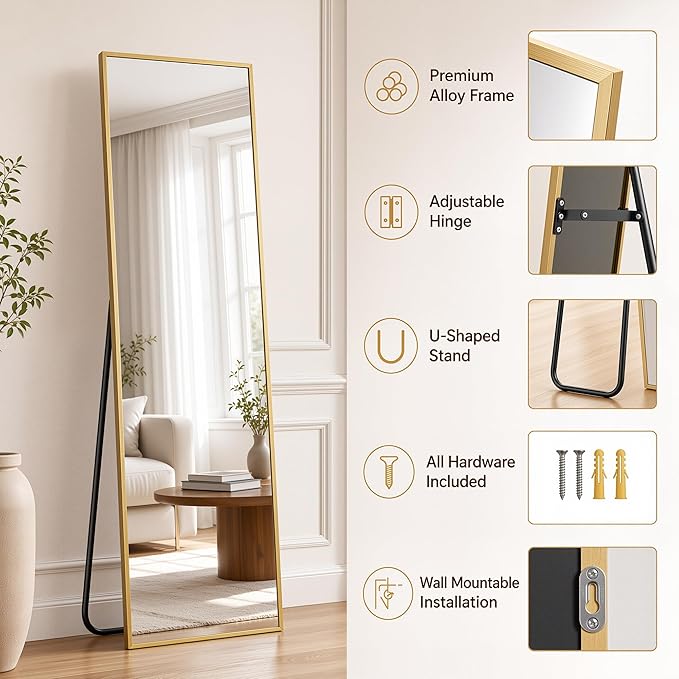 Antok Full Length Mirror, 81"x41" Floor Mirror with Stand, Hanging Mounted Mirrors for Bedroom, Living Room, Cloakroom, Dining Room, Gold, Rect