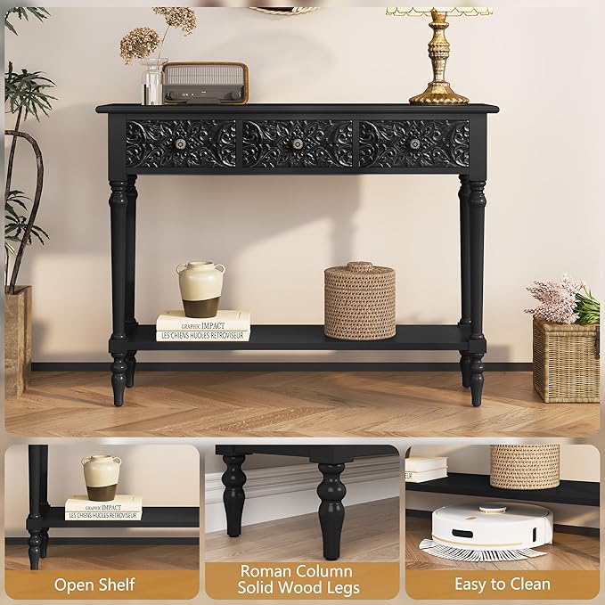 3More Entryway Console Table with 3 Drawers,42" Carved Hallway Table with Open Shelf,Long Sofa Table for Living Room, Hallway, Behind Couch,Black