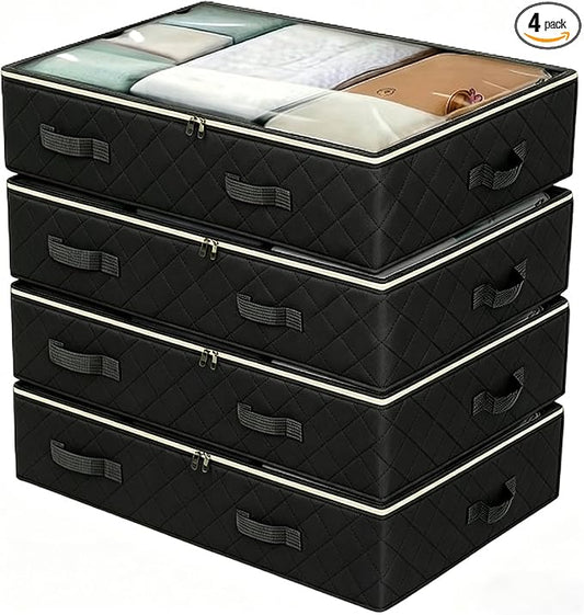 4 Pack Under Bed Storage, Closet Organizers and Storage Containers with Clear Window Foldable Underbed Storage Bags for Clothes,Shoes, Blankets Pillows, Linen Sheets, Black