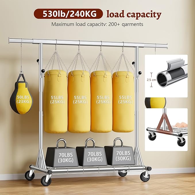 FAVOOSTY Heavy Duty Clothes Rack Load 450 LBS, Rollong Clothing Rack for hanging Clothes with Shelves, Freestanding Garment Rack, Portable Wardrobe Closet Rack for Laundry Room Bedroom, Silver