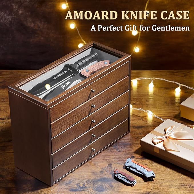 5-Tier Large Knife Display Case & Organizer, Wooden Pocket Knife Storage Box with Transparent Lid, Collector-Grade Holder for Folding Knives and Daggers, Ideal Men‘s Gift