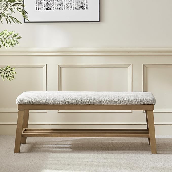 VKNOW Entryway Bench, 44.4" Upholstered Shoe Storage Bench for Entryway & Bedroom, Shoe Bench with Rubberwood Legs, Modern End of Bed Storage Bench for Living Room and Hallway, Beige