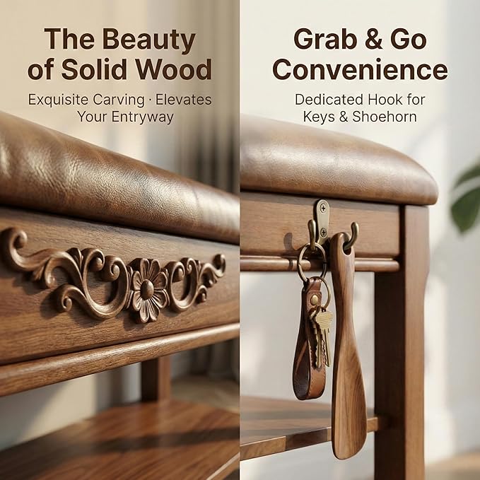 Shoe Rack Bench Entryway Storage with Leather Cushion, Shoe Organizer Bench for Entryway, Front Doors Entrances Hallway,Mudroom,Closet, Bedroom,Solidwood 3 Height-Adjustable Removable Shelve,23.6"