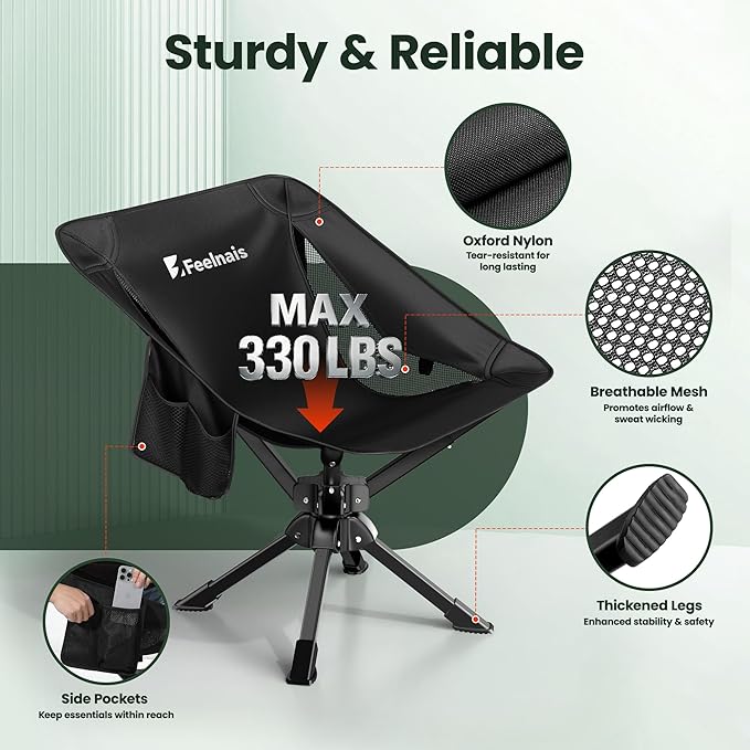 Folding Camping Chairs Lightweight & Portable, No Assembly, 360° Swivel Camping Chair for Adults, Compact Outdoor Chairs for Beach, Lawn, Travel, Backpacking, Hiking, Fishing
