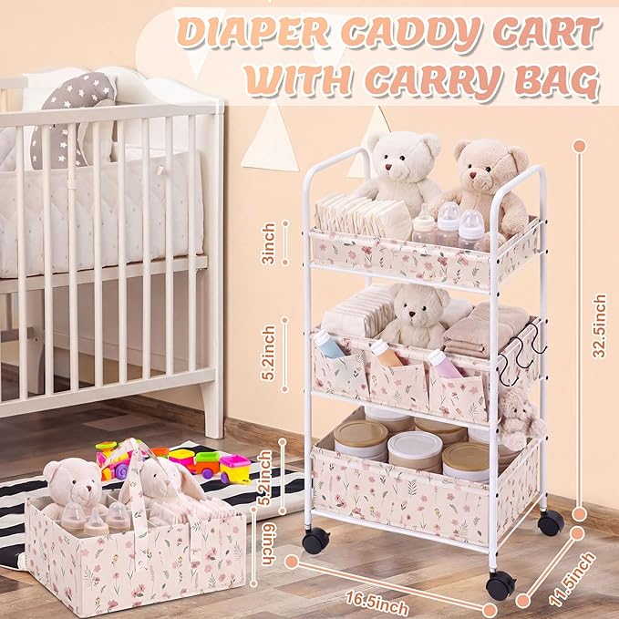 Yookeer 2in1 Baby Diaper Caddy Organizer Cart 3 Tier Large Capacity Metal Utility Bedside Rolling Cart with Divider Newborn Registry Gift Nursery Essential Must Have Bedroom Baby Shower(White,Flowers)