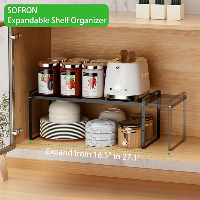 Expandable Cabinet Storage Shelf Stackable Organizer Rack for Kitchen Bathroom Pantry Spice Cupboard Countertop Home Office Desk Heavy Duty Nonslip Black Small 2 PACK