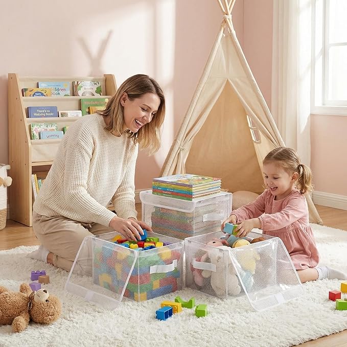 3-Pack Clear Toy Storage Baskets, Kids Room Organizer Bins with Handles, Foldable Closet Storage Containers for Nursery, Clothes, Toys, 11.8 x 9.45 x 6.7 in