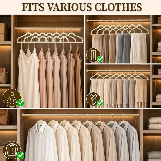 Velvet Hangers 50 Pack, Non Slip Clothes Hangers with Shoulder Notches, Slim Felt Hanger with 360° Swivel Hook, Space-Saving, for Coat, Shirt, Pants, Dress, Suits, Ivory