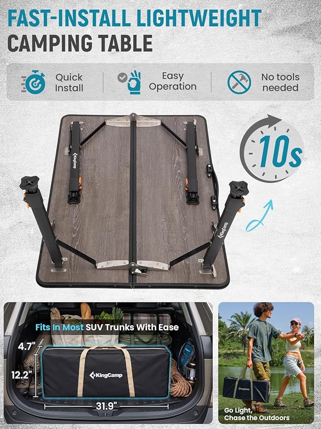KingCamp Folding Camping Table, Ultralight Portable Folding Fiber Glass Camp Table with Adjustable Height, Heavy Duty Aluminum Legs & Carry Bag for Outdoor, Picnic, Beach, Party, BBQ (2-4 People)