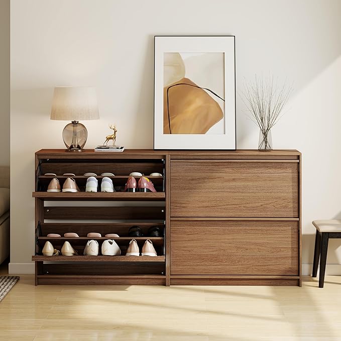 Shoe Cabinet with 2 Flip Drawers, Modern Narrow Shoe Storage Cabinet Organizer with Adjustable Shelf, Hidden Freestanding Shoe Rack for Entryway, Hallway, Living Room, Walnut