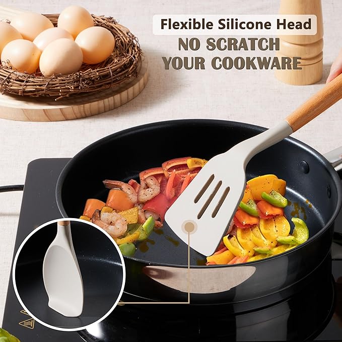 E-far Silicone Cooking Utensils Set, 10-Piece Heat Resistant Kitchen Utensils Set with Wooden Handle for Nonstick Cookware, Kitchen Nonstick Tools Spatula Whisk Tongs Ladle, Non-toxic & Healthy(Khaki)
