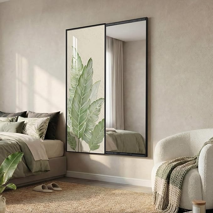 Framed Sliding Wall Mounted Full Length Mirror, Large Vertical Modern Minimalist Green Botanical Print Mirrors Artwork for Walls, Full Body Mirror for Living Room, Bedroom, Hallway, Entryway, 16X52 In