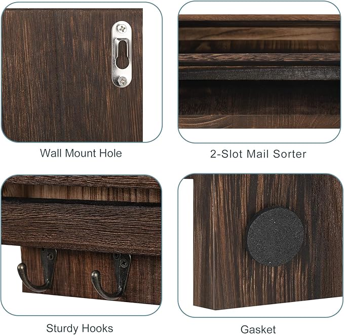 BTY Mail Holder for Wall, Wooden Mail Sorter with 4 Key Hooks, 2 Slot Wall Mounted Mail Sorter Letter Bills Newspaper Magazine Organizer for Entryroom Hallway Office Garage, Rustic Brown