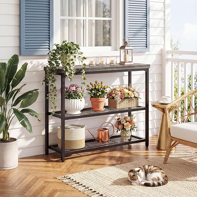 Besiost 32" Small Console Table with 3-Tier Storage, Industrial Narrow Entryway Table, Sofa Table Behind Couch for Hallway, Foyer & Living Room, Sturdy Metal Frame, Oak Grey