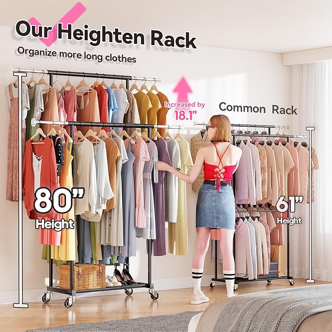 80" Tall Clothing Rack for Hanging Clothes 400 Lbs, Double Rod Rolling Clothes Rack with Lockable Wheels, Portable Garment Coat Rack for Bedroom Laundry Living Room, Black