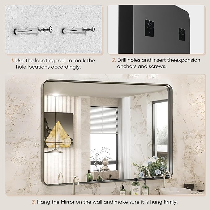 Sweetcrispy Bathroom Mirror 40x30 Inch Black Metal Framed Rounded Rectangle Vanity Mirror for Wall, Over Sink, Farmhouse, Restroom, Anti-Rust, Modern Decorative, Horizontal or Vertical Hanging
