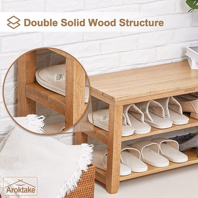 Shoe Rack Solid Wood Bench, 2-Tier Real Wooden Heavy Duty Shoe Storage Organizer Shelf for Entryway, Hallway, Mudroom, Living Room,Bedroom (Natural, 11.81"X39.4"X16.54")