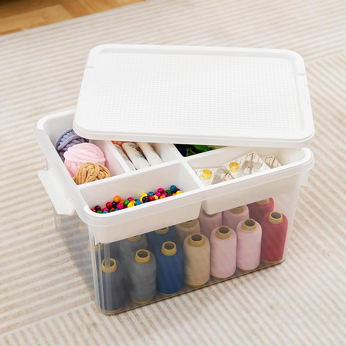 Citylife 32 QT Stackable Storage with Building Baseplate Lid and Removable Tray Tool Box Organizer Storage Bins with Lids for Organizing Bead, Tool, Sewing