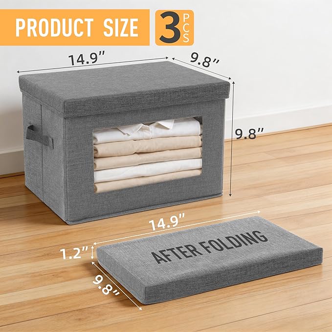 3-Pack Collapsible Storage Bins with Lids, Linen Fabric Foldable Storage Boxes, Cube Closet Organization for Clothes, Blankets and Books, Gray