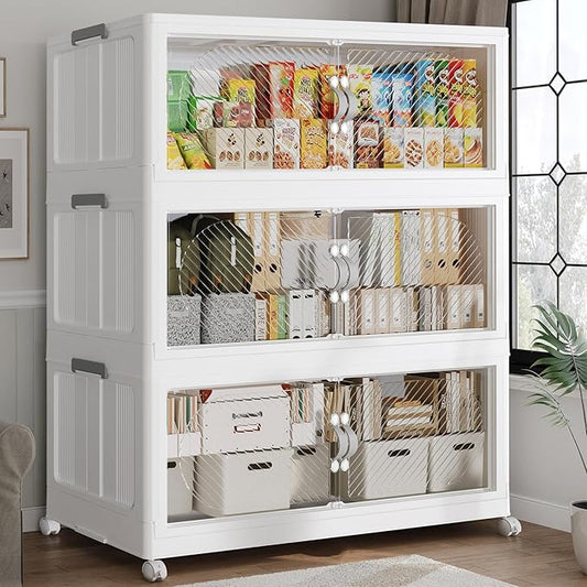 360QT Extra Large Stackable Storage Bins with Lid & Wheels & Doors, 90Gal Foldable Collapsible Closet Organizers, Plastic Cabinet Box Container Drawer for Home Kitchen Bedroom, 3Pack White