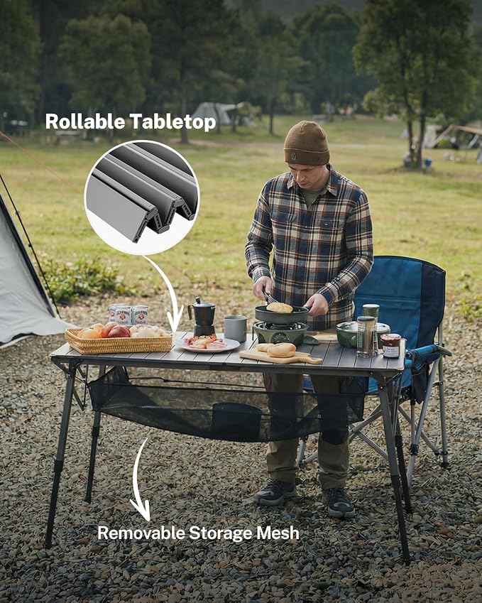 Gonex 50" Camping Table with Adjustable Height Legs for Uneven Ground, Portable Folding Aluminum Roll Up Table with Mesh Pocket for Camping, Picnic, BBQ, Cooking, Beach