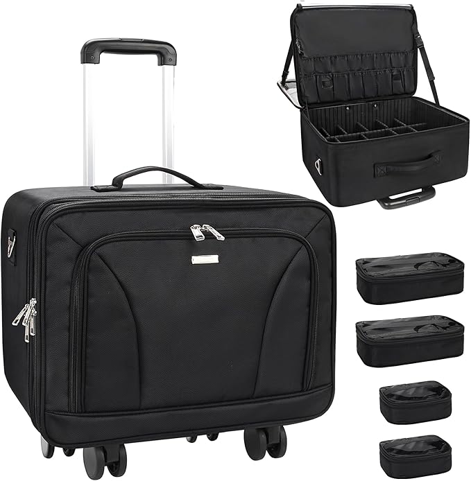Relavel Cosmetology Case on Wheels, Extra Large Rolling Makeup Travel Train Case with 360° Spinner Wheels, 3 Layer with Insulation Compartment & 4 Clear Bags, Professional Makeup Artist Bag Set