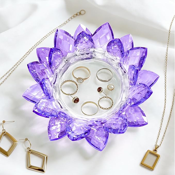 Crystal Flower Jewelry Tray, Transparent Decorative Trinket Dish for Rings, Earrings, Necklaces, Keys for Vanity Dresser Nightstand, Elegant Gift for Women Mother's Day (1, 6.3"(W)- Purple)