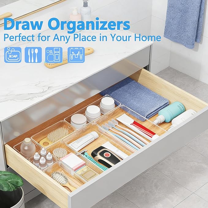60 Pcs Makeup Drawer Organizer Set, 4 Sizes Versatile Bathroom and Vanity Drawer Organizer for Makeup, Non-Slip Desk Organizer Trays for Bedroom, Office, Fits Jewelry and Office Supplies