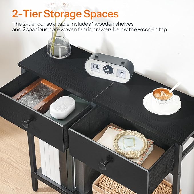 HOOBRO 29.5" Narrow Console Table with 2 Fabric Drawers, Small Entryway Table with 2-Tier Storage Shelves, Sofa Table, Behind Couch Table, for Living Room, Hallway, Black BB71XG01