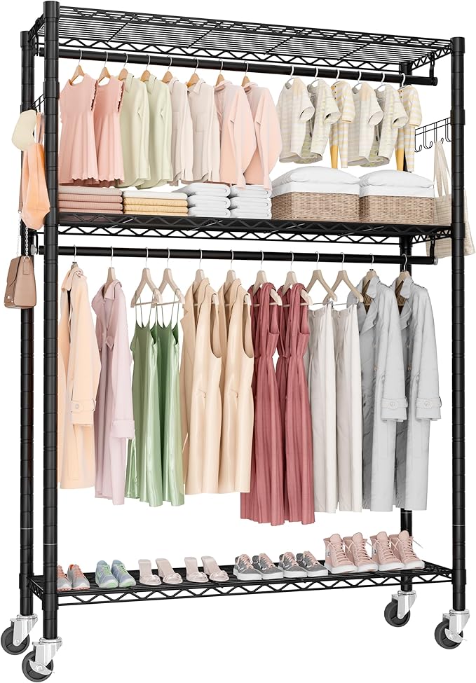 Rolling Clothes Rack Heavy Duty, Free Standing Garment Rack with Wheels, Portable Closet Rack, Closet Organizer System with 35.4" W x 15.7" D x 76" H, Max Load 500Lbs (Black)