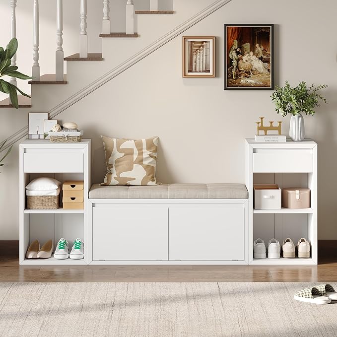 Merax All-in-One Shoe Storage Bench with Cushion & Flip Compartments, Entryway Bench with Drawers and Open Shelves, Solid Wood Storage Bench for Mudroom Hallway Living Room, White