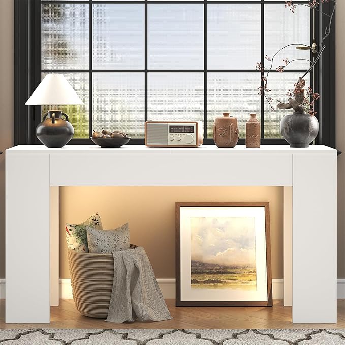 knoworld 63-Inch Long Console Table with LED Light, Farmhouse Sofa Table Behind Couch, Wooden Console Table for Entryway Hallway Entrance Living Room, White