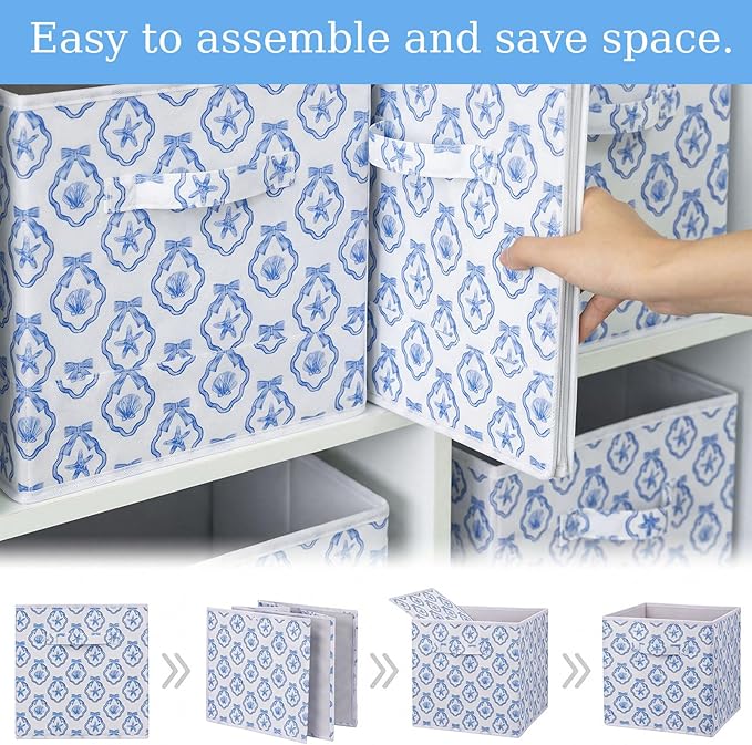 Geelin 6 Pcs Blue Bow Seashell Storage Bins 11 Inch Blue Storage Basket with Handle, Preppy Girls Organizer Basket, Collapsible Fabric Box for Classroom Bedrooms Office Home Decoration Gift