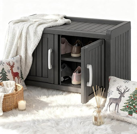 2-Tier Storage Bench, Waterproof UV-Resistant Outdoor Shoe Storage Cabinet with 2 Doors & Adjustable Shelves for Indoor Outdoor Entryway, Hallway, Living Room (Midnight Black)