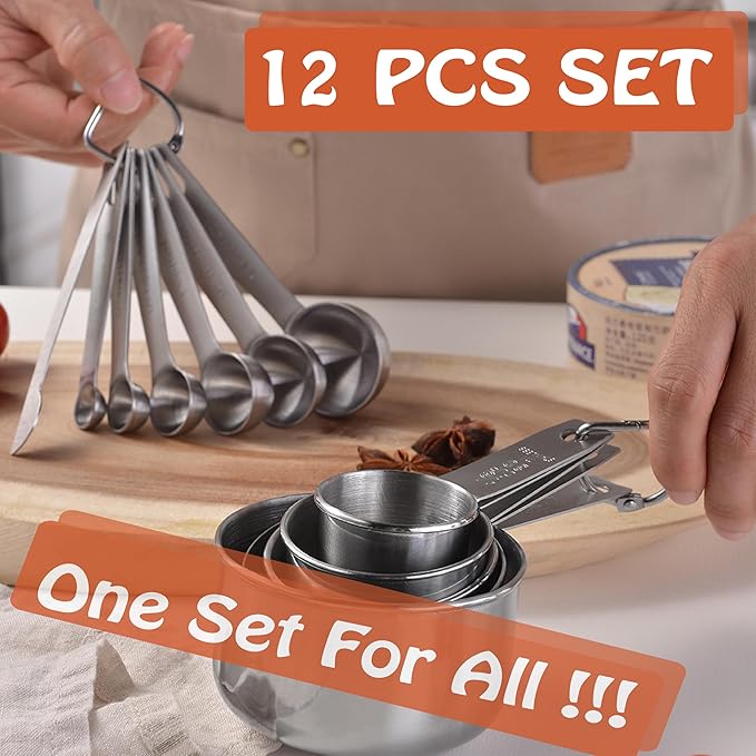 Stainless Steel Measuring Cups & Spoons Set, 12 Pieces Kitchen Measuring Sets Gadgets tool,For Cooking & Baking,Measure Dry & Wet Ingredients And Liquid (Cups & Spoons)