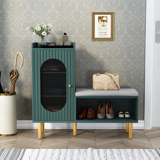 HLR Storage Bench with Glass Door&Shelf, Modern Entryway Shoe Cabinet Bench with Padded Seat, Green L-Shaped Storage Cabinet for Hallway, Bedroom, Living Room, Office