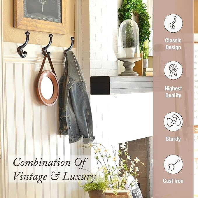 My Fancy Farmhouse Rustic Cast Iron Coat Hooks (10 Pack) Wall Mounted Farmhouse Decorative Wall Hooks, Vintage Hooks for Hanging Coats, Bags, Hats, Towels (Antique Black)