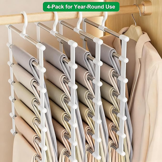 Pants Hangers 4 Pack (Holds 24 Pairs) Space Saving Pant Hanger 360° Swivel Hook Stainless Steel Bars Closet Organizer for Dress Pants Jeans Leggings Ties Towels (White)