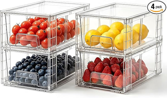 4 Pack Stackable Storage Drawers with Handles, Easy Assembly Clear Acrylic Fridge Organizer, Refrigerator Organizers and Storage for Kitchen, Under Sink, Pantry, Bathroom