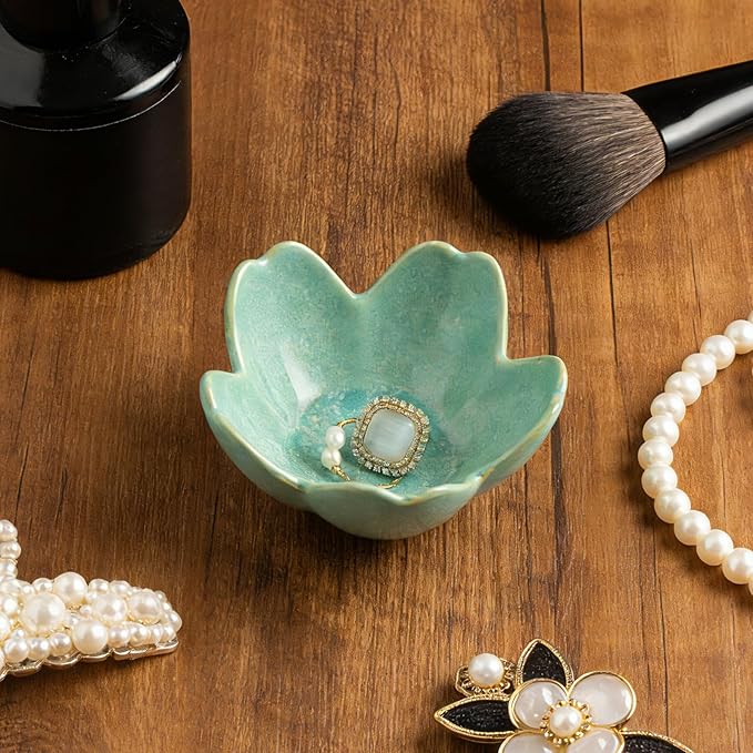 Flower Jewelry Tray Ceramic Ring Dish Jewelry Dish Small Trinket Tray Cute Ring Holder Key Bowl Decorative Plate Gifts For Mom/Sister/Friend, Birthday/Mother's Day/Christmas Gift (dark green)