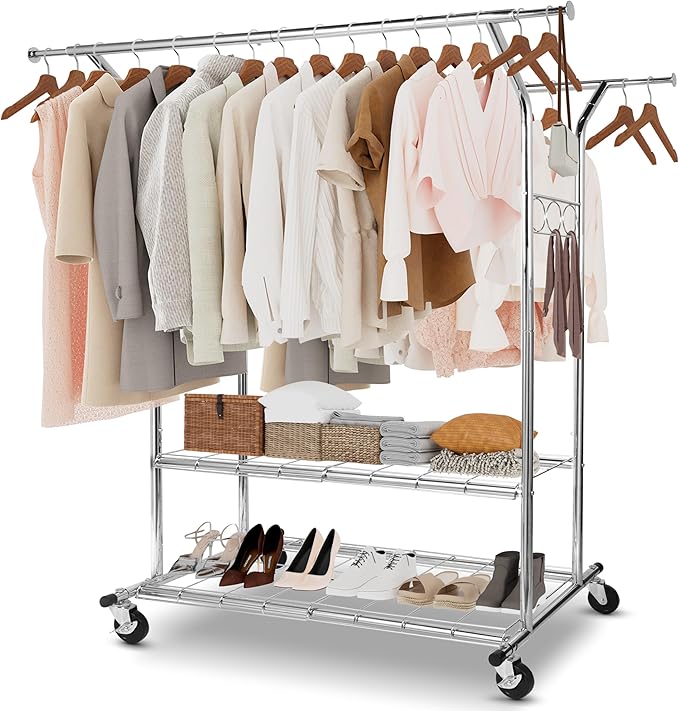 Whitmor Heavy Duty Clothing Rack, Adjustable & Extendable Rolling Garment Rack with Lockable Wheels, Double Rod Clothing Racks with 2 Bottom Shelves, Max Load 500LBS for Hanging Clothes, Chrome